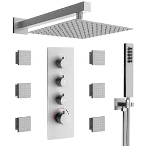 7-Spray Patterns Thermostatic 12 in. Wall Mount Rain Dual Shower Heads 2.5 GPM in Brushed Nickel (Valve Included)