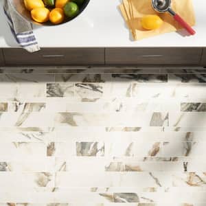 Saroshi Calacatta Rustico 11.49 in. x 11.69 in. Polished Porcelain Floor and Wall Mosaic Tile (0.92 sq. ft./Each)