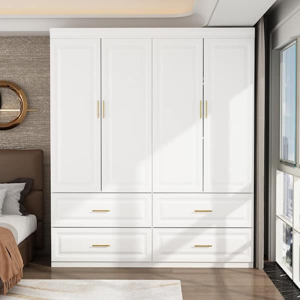 FUFU GAGA White Wood 63 in. W 4 Door Big Wardrobe Armoires with Hanging Rod Drawers Storage Shelves 74.2 in. H x 20.6 in. D KF250023 012