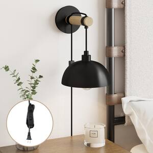 Daniel 8 in. W 1-Light Matte Black Modern Wall Sconce, Wall Mounted Plugin Lamp, with Wide Bowl Shade