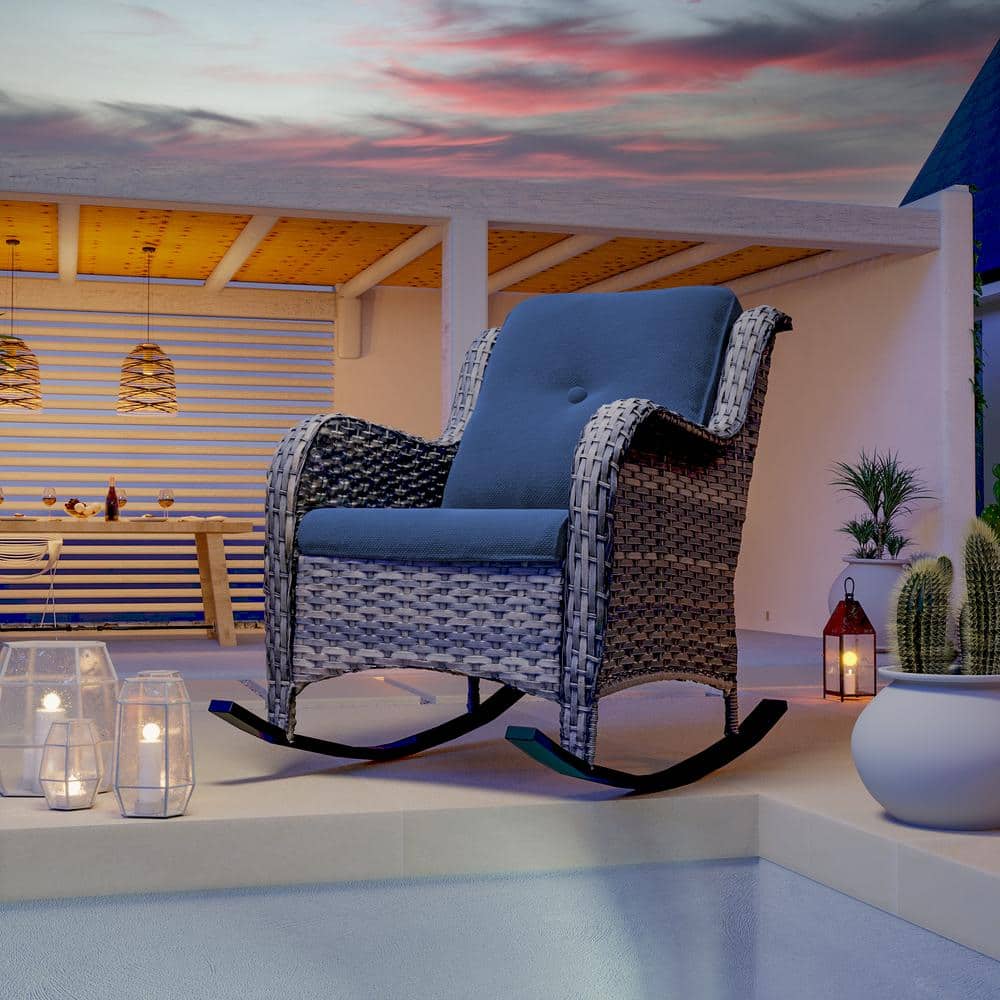 Btmway Indoor and Outdoor PE Wicker Outdoor Rocking Chair with Navy Blue Cushion, Rocker Recliner Chair for Porch, Patio Garden