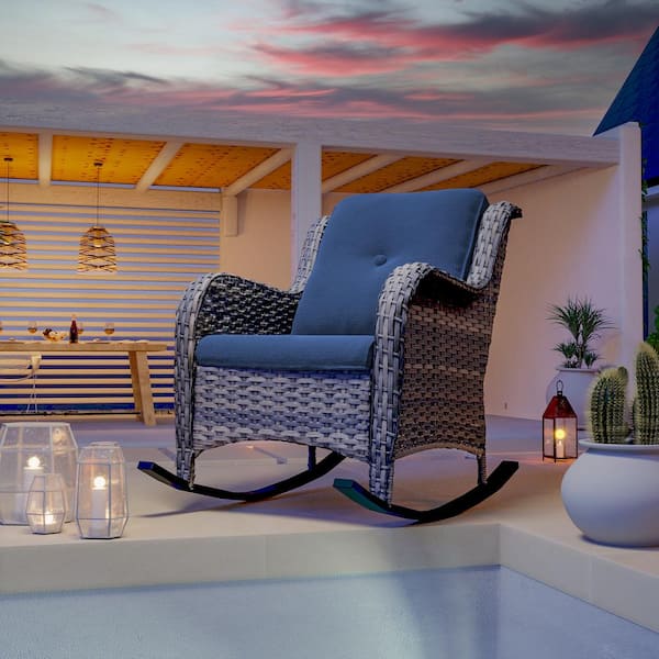 JOYSIDE Wicker Outdoor Patio Rocking Chair with Blue Cushion
