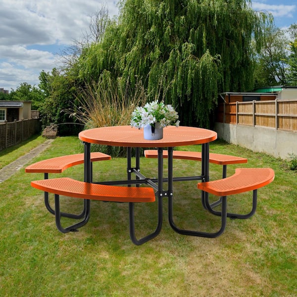 Thanaddo 46 in. Orange Round Outdoor Steel Picnic Table Seats 8-People with Umbrella Hole