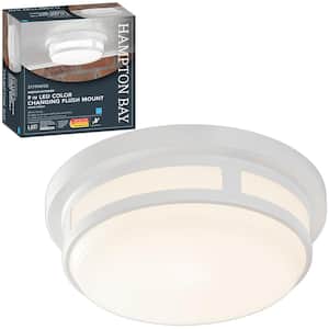 9 in. Round White Indoor Outdoor LED Flush Mount Ceiling Light Adjustable CCT 600 Lumens Wet Rated Front or Side Door