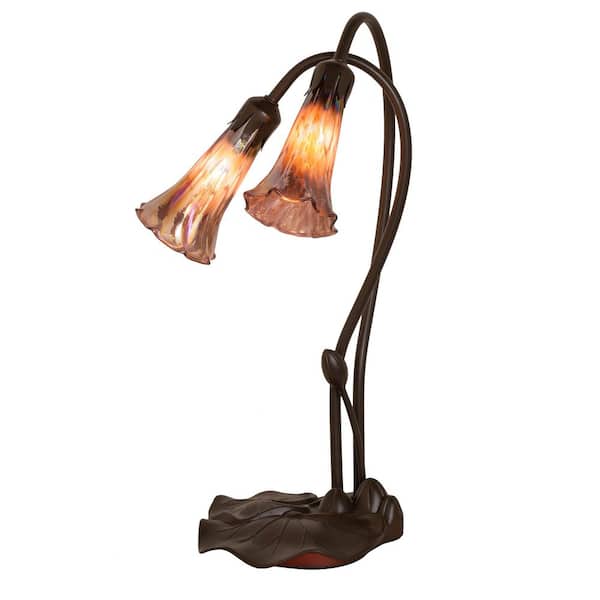 Pond Lily 16 in. Mahogany Bronze Novelty Victorian Table Lamp with Purple Glass Shade