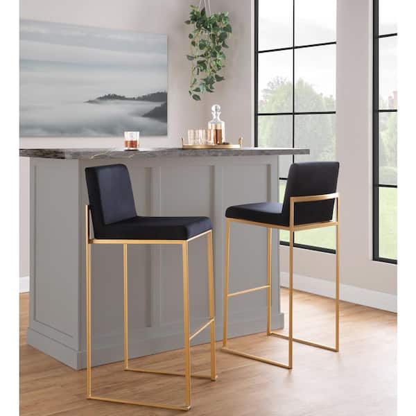 LumiSource Fuji High Back 31 in. Black Faux Leather and Gold Metal Bar Stool (Set of 3)