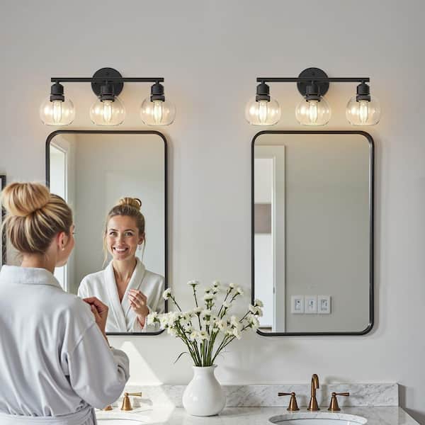 18 in. Industrial 3-Light Matte Black Farmhouse Vanity Light with Glass Shades for Bathroom