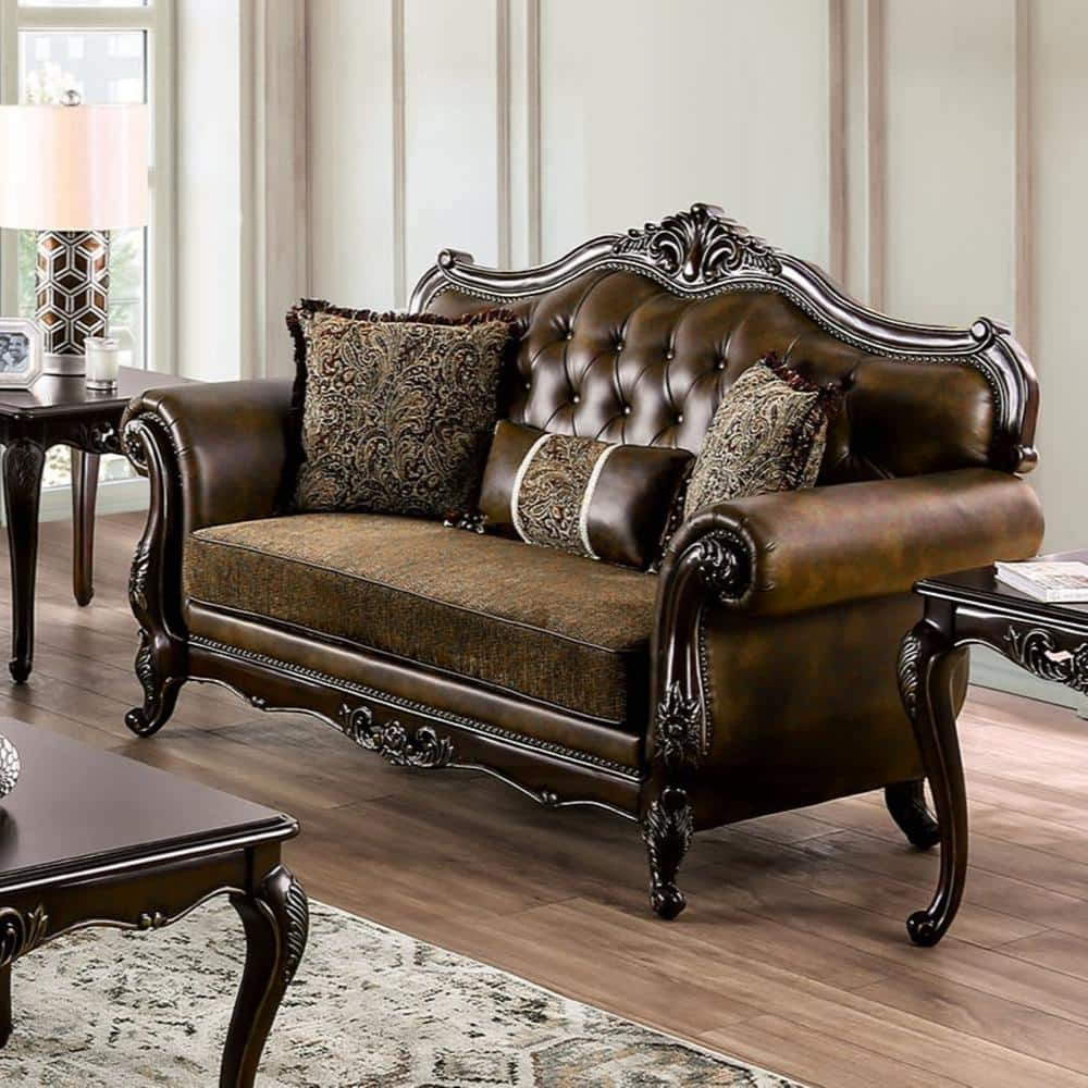 Furniture of America Grant 73.5 in. Dark Cherry/Brown Paisley Faux Leather 2-Seater Loveseat With Bench Style Cushion