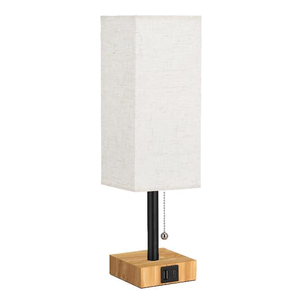 Upgraded 14.7 in. Wood Grain Black Dimmable Integrated LED Task and Reading Lamp with USB Port in Beige Shade