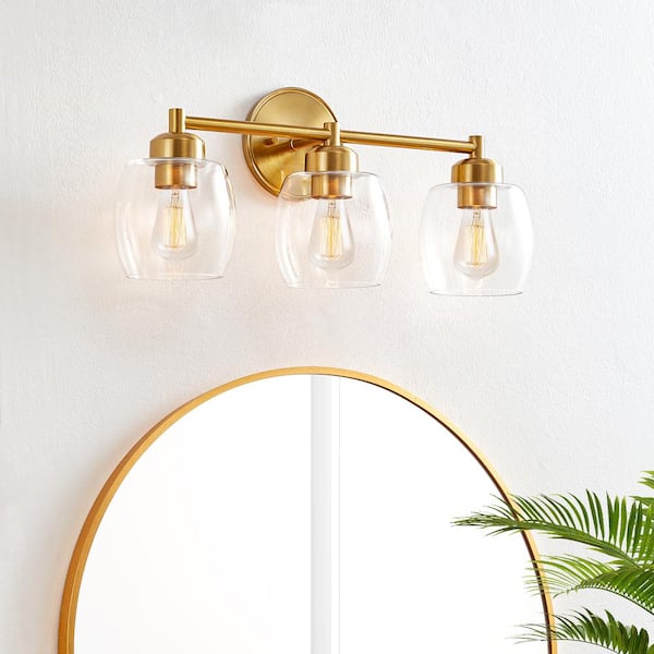 22.2 in. 3-Light Antique Brass Bathroom Vanity Light with Clear Glass Shades
