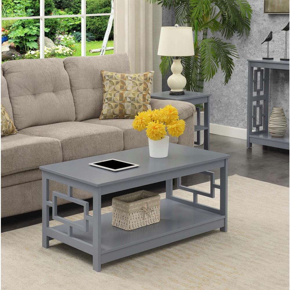 Symmetrical Square Gray Wood Coffee Table with Open Shelf