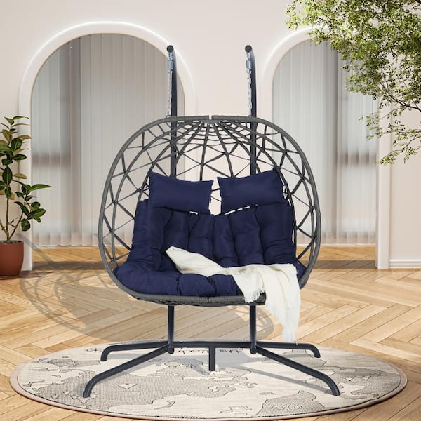 Unbranded High-Quality Durable Steel Frame Large 2-Person 600 lbs. Gray Wicker Double Swing Egg Chair with Blue Cushions