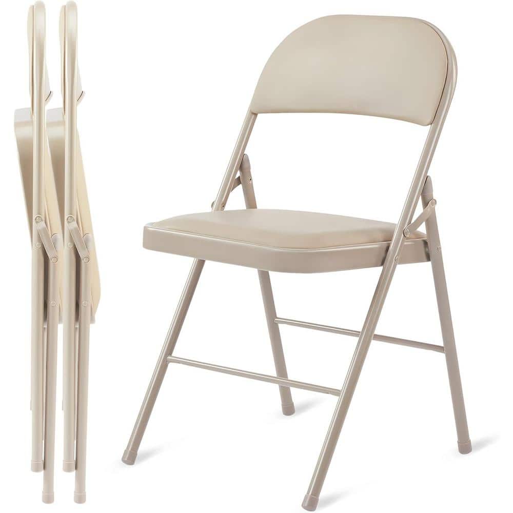 khaki Metal Outdoor Foldable Dining Chairs with Leather Padded Khaki Cushio