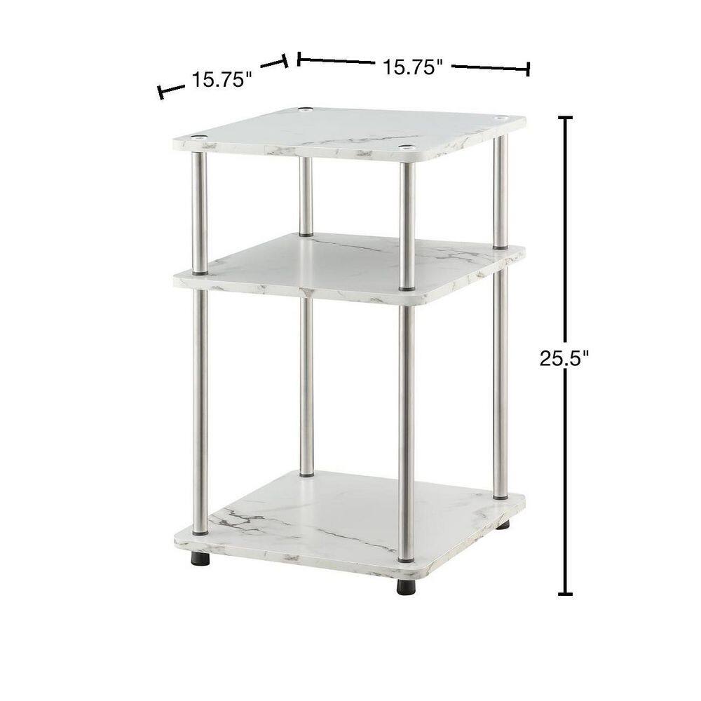 White Faux Marble Wood and Metal Three-Tier End Table