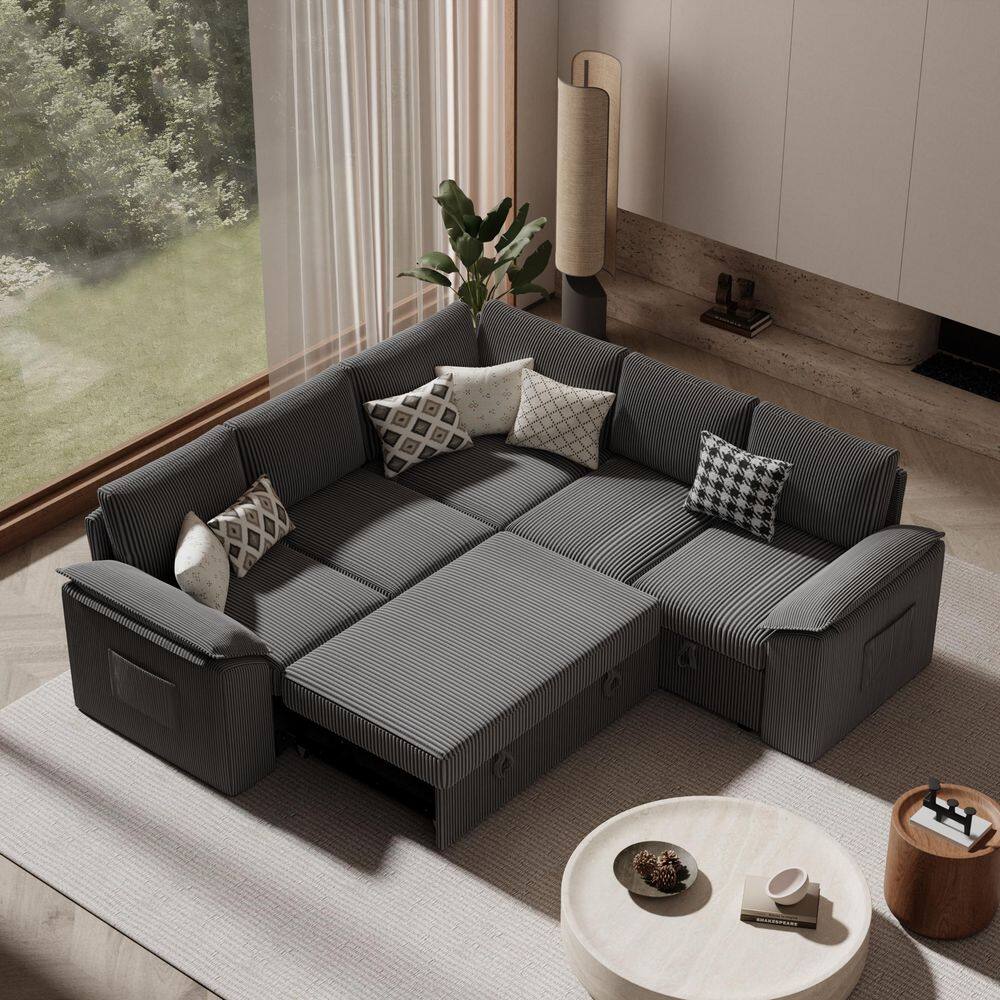 24 in. Arm Style Corduroy Modular Sofa in Gray with Storage Seats, Ottomans, Sleeper Sofa and Side Storage Pockets