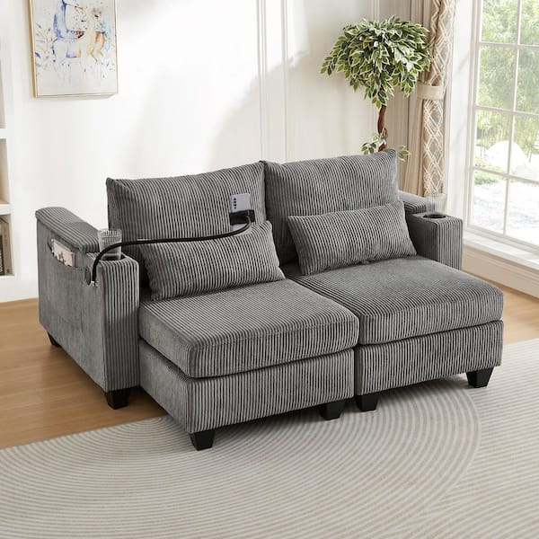 Orren Modern 63 in. Grey Corduroy Upholstered Storage Loveseat Twin Size Sofa Bed with Cup Holder, USB Ports