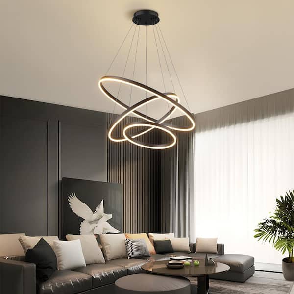 31 in. 3-Light Modern Black Geometric Adjustable Styling Tiered Integrated LED Chandelier for Bedroom and Kitchen Island