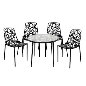 Devon 5 Piece Aluminum Set with Round Table with Glass Top Outdoor Dining and 4 Stackable Chairs in Black