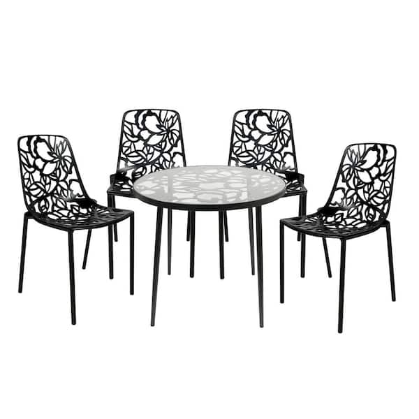 Leisuremod Devon 5 Piece Aluminum Set with Round Table with Glass Top Outdoor Dining and 4 Stackable Chairs in Black