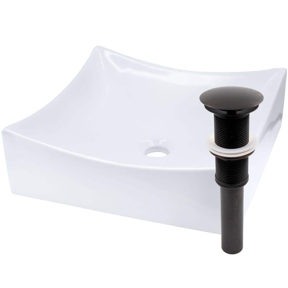 Novatto Modern White Porcelain Square Vessel Sink with Umbrella Drain