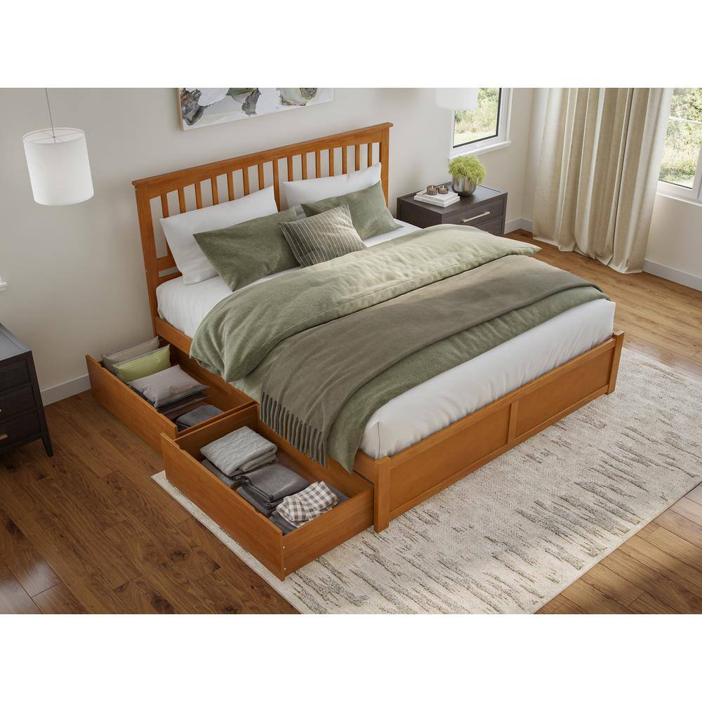 King Light Toffee Solid Wood Platform Bed with Storage Drawers