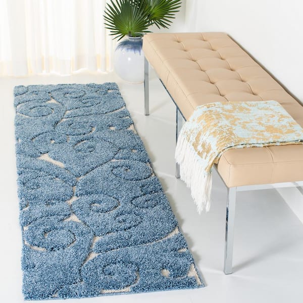 Florida Shag 2 ft. x 21 ft. Light Blue/Cream Scroll Runner Rug