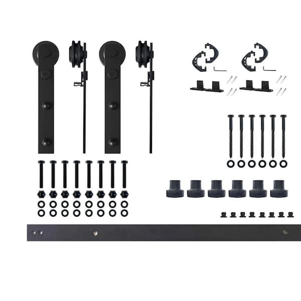 HOMACER 7.5 ft./90 in. Black Rustic Non-Bypass Sliding Barn Door Hardware Kit Straight Design Roller for Double Doors