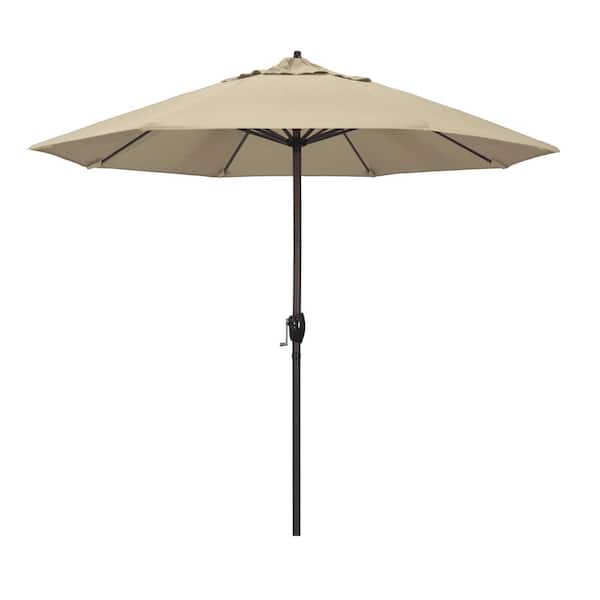 California Umbrella 9 ft. Bronze Aluminum Pole Market Aluminum Ribs Auto Tilt Crank Lift Patio Umbrella in Beige Sunbrella