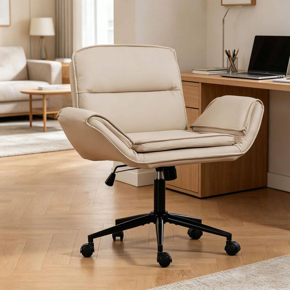 Faux Leather Ergonomic Swivel Desk Chair in Beige with 5-Gear Adjustable Armrests