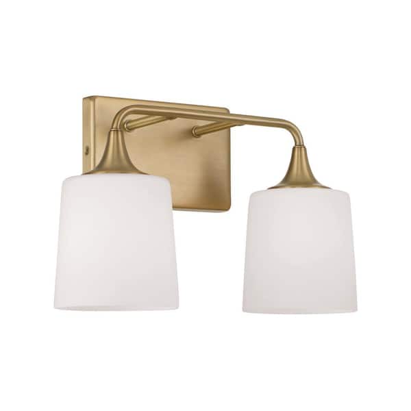 16 in. W x 10.25 in. H 2-Light Vanity Light in Aged Brass with Soft White Glass