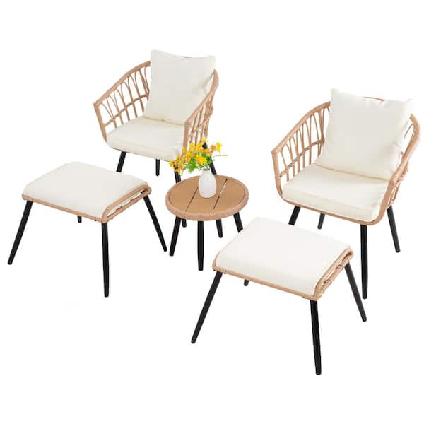 Yellow Wicker Outdoor Lounge Chair with Beige Cushions (5-Pack) Rattan Round Table