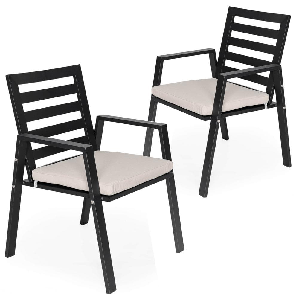 Chelsea Black Aluminum Outdoor Dining Chairs with Beige Cushions