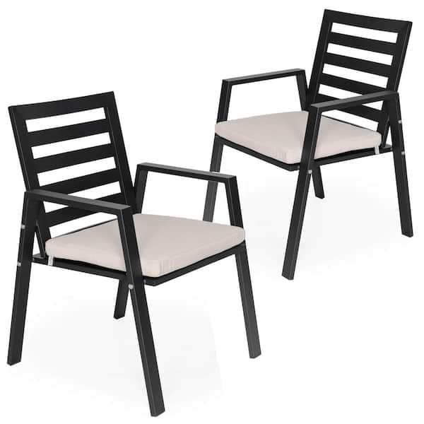 Leisuremod Chelsea Modern Outdoor Dining Chair in Black Metal Frame with Removable Cushions Set of 2-Beige