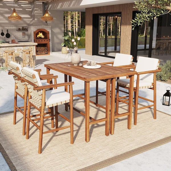 Natural 6-Piece Acacia Wood Outdoor Dining Set with Beige Cushions