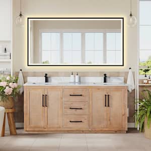 Floral 72 in. W x 22 in. D x 33 in. H Double Sink Bath Vanity in Ligth Brown with White Quartz Countertop and Mirror