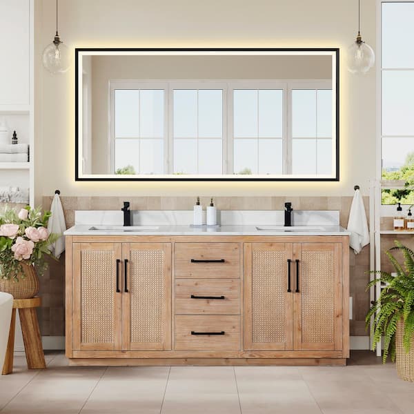 Altair Floral 72 in. W x 22 in. D x 33 in. H Double Sink Bath Vanity in Ligth Brown with White Quartz Countertop and Mirror