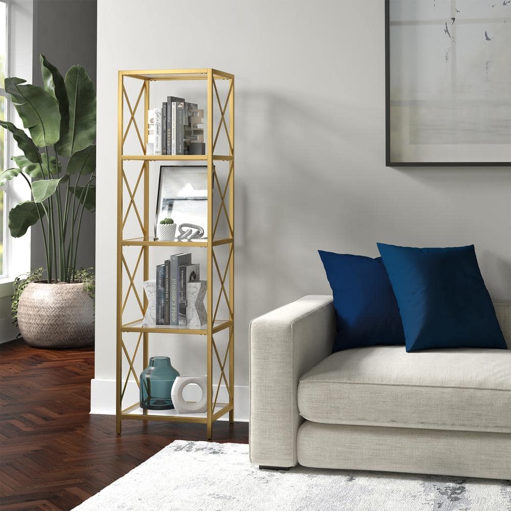 Modern Geometric 66" Brass Steel Bookcase with Tempered Glass Shelves