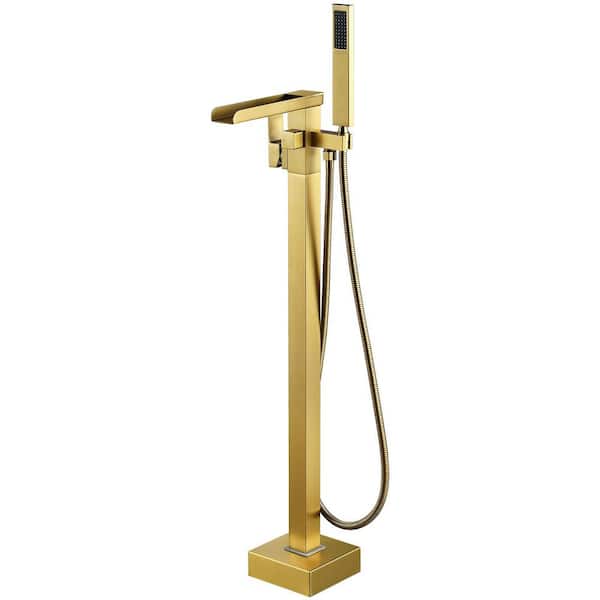Single-Handle Claw Foot Tub Faucet Freestanding Floor Mount Roman Tub Faucet with Waterfall Spout in Brushed Gold