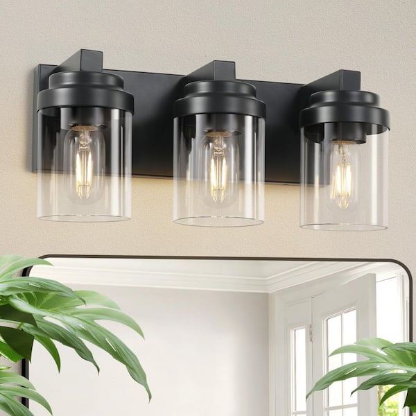 15.7 in. 3-Light Matte Black Vanity Light with Glass Shades Modern Industrial Farmhouse Style for Bathroom (No Bulbs)