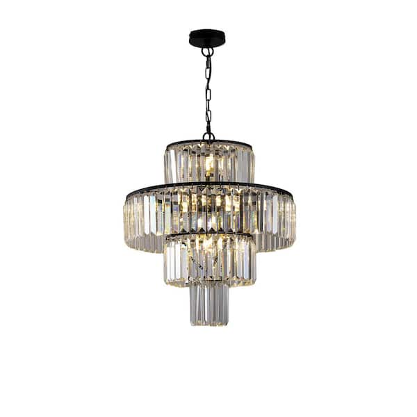 Lasaideal 12-Light 4-Tier Round Black Luxury Crystal Chandelier for Living Room with No Bulbs Included
