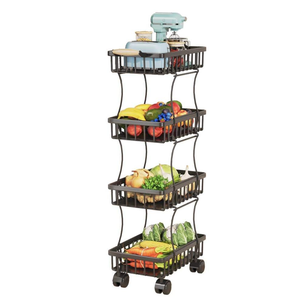 4-Tier Wood Fruit Vegetable Storage Rack Stand Stackable Fruit Basket Organizer Rack for Kitchen - Brown