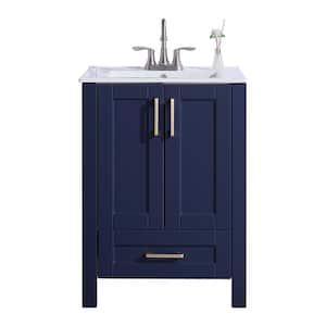 24 in. W x 18 in. D x 32in. H Modern Freestanding Single Bathroom Vanity in Dark Blue with White Ceramic Top Single Sink