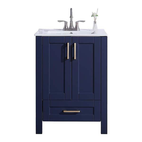 VC CUCINE 24 in. W x 18 in. D x 32in. H Modern Freestanding Single Bathroom Vanity in Dark Blue with White Ceramic Top Single Sink