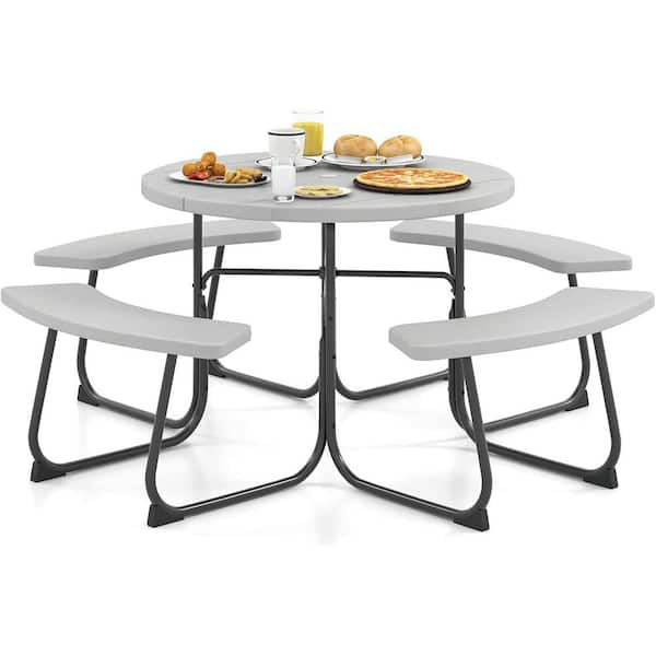 35 x 35 Grey HDPE Dining Picnic Table Set with Metal Frame and Umbrella Hole for Outdoor Use