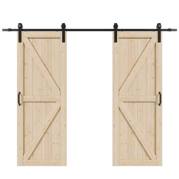 60 in. x 84 in. (Double 30 in. Doors) K-shape Unfinished Pine Wood Barn Door Slab with Track and Full Hardware Kit Set