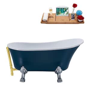 55 in. Acrylic Clawfoot Non-Whirlpool Bathtub in Matte Light Blue With Polished Chrome Clawfeet And Brushed Gold Drain
