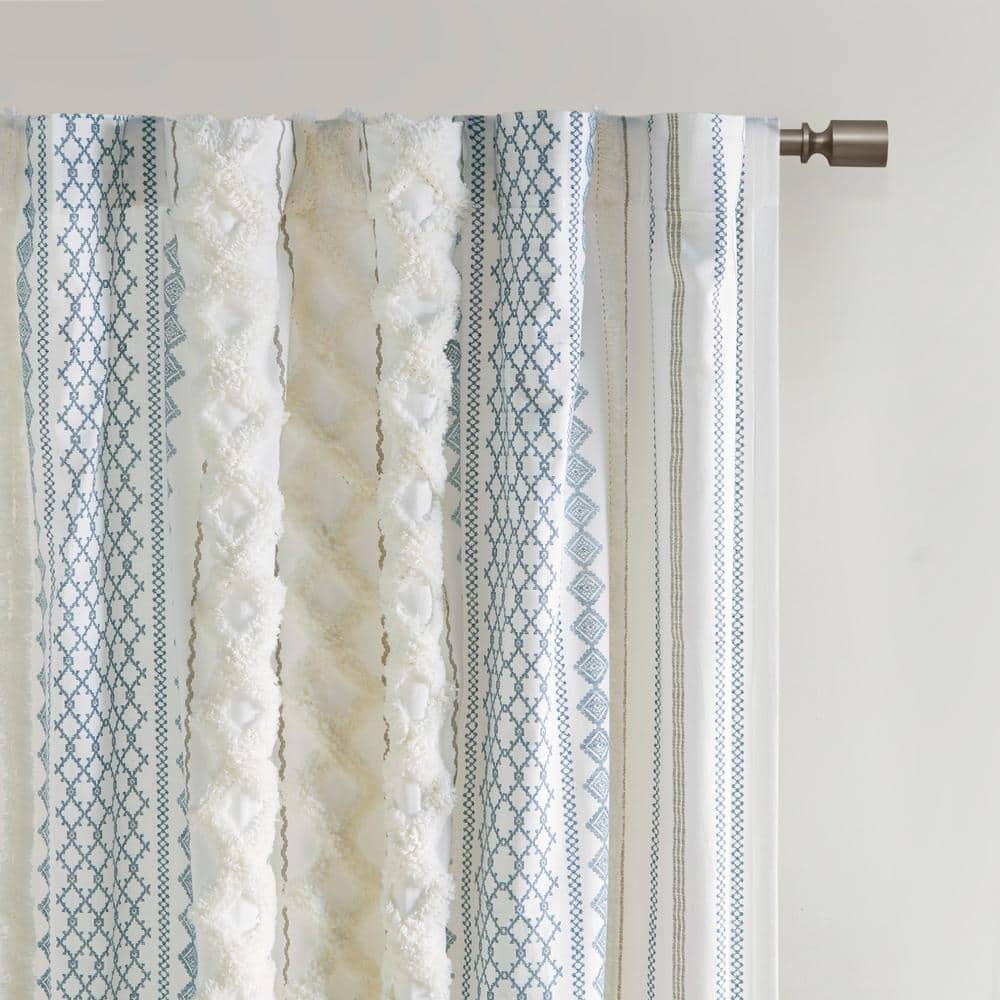 Ivory and Navy Cotton Chenille Stripe Light-Filtering Curtain Panel