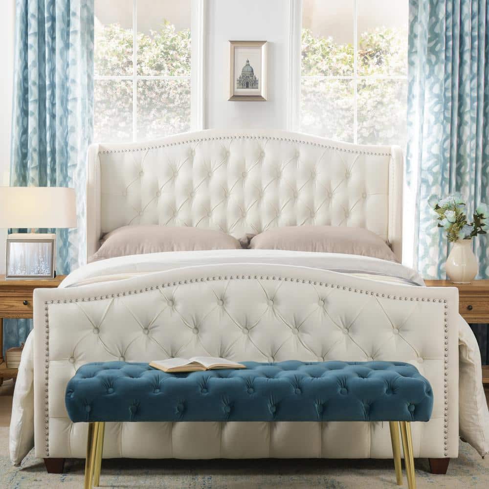 Antique White Tufted Upholstered Queen Bed with Nailhead Trim