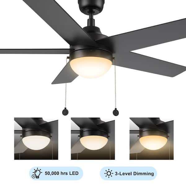 Zaire 52 in. Indoor Matte Black Downrod Standard 3-Speed DC Ceiling Fan with Dimmable LED and Pull Chain