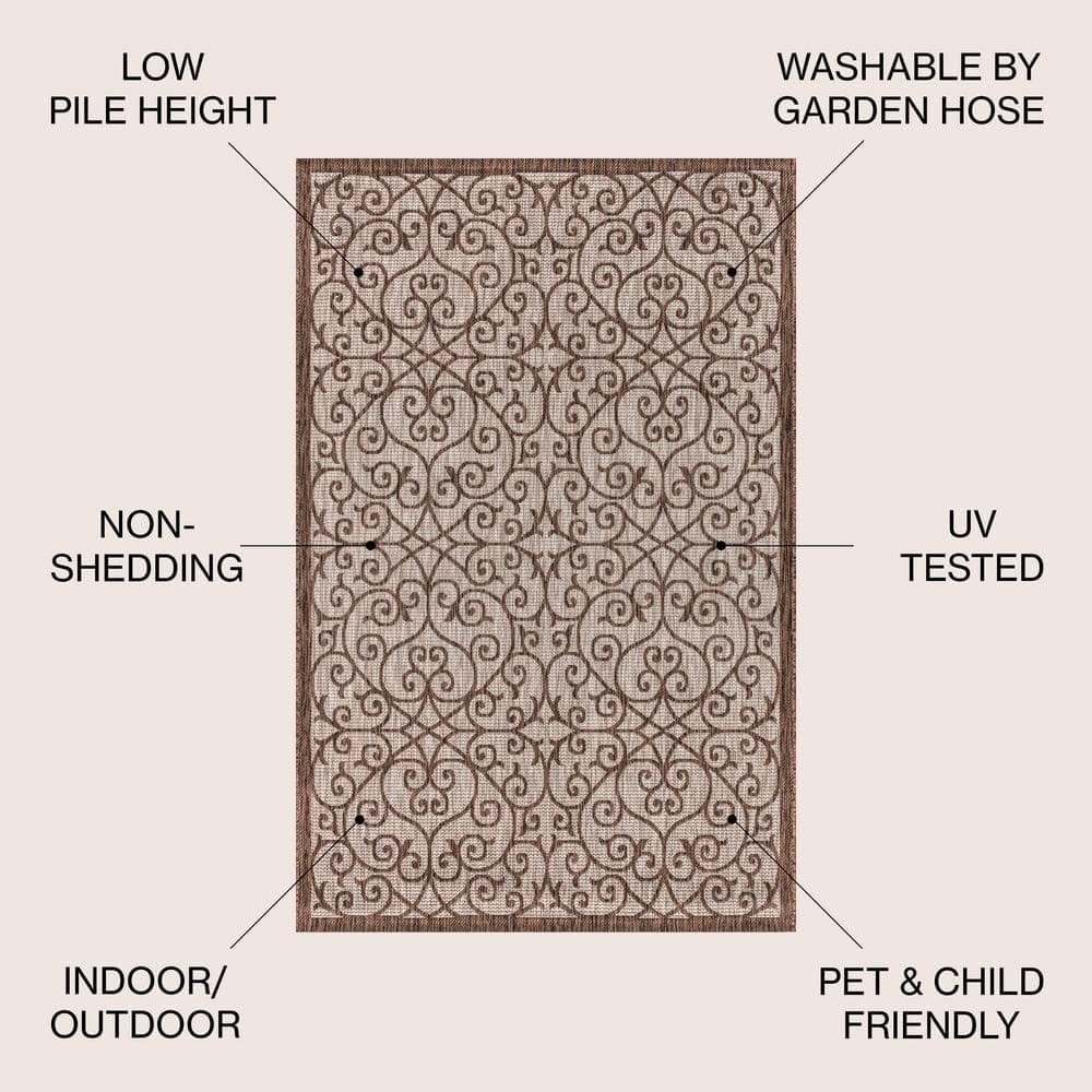 Taupe & Espresso Vintage Filigree Synthetic 5x8 Outdoor Rug